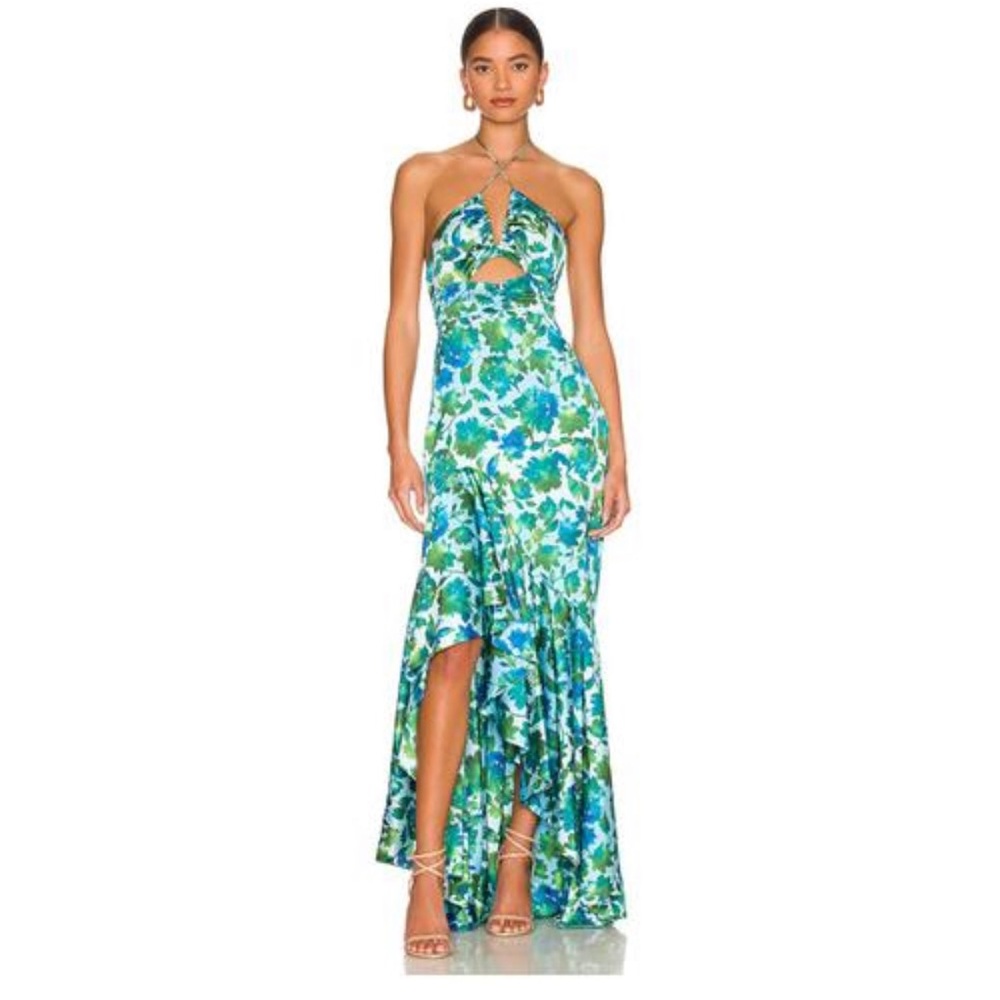 Amur - Edie High Low Tie Neck Gown in Cerulean Lotus Block Print